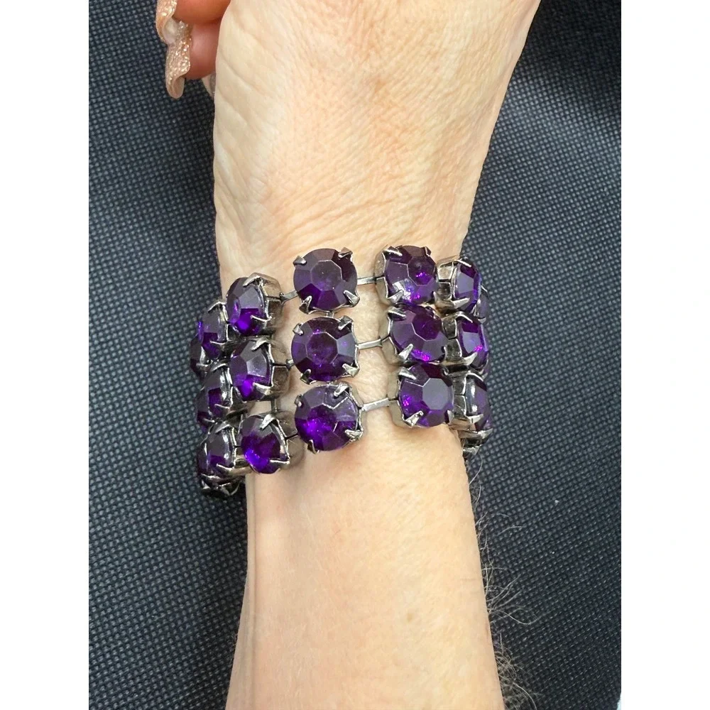 Vintage Purple Rhinestone Triple Row Cuff Bracelet Silver Tone Statement Jewelry